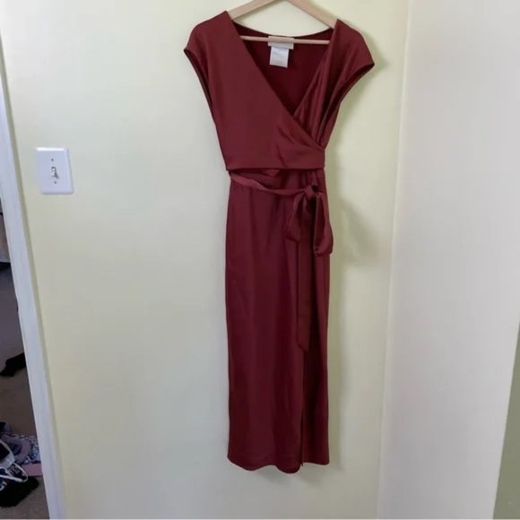 BHLDN Louisa Satin Charmeuse Midi Dress in Cinnamon Rose SIZE 4 - Picture 2 of 12